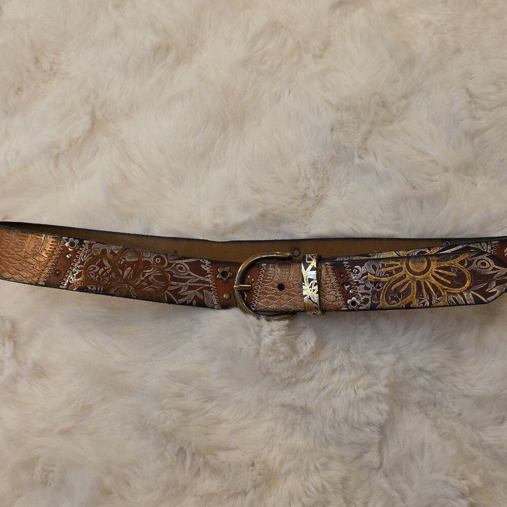 Vintage Fossil Y2k Belt Brown Leather Metallic Accents Studding Womens M - Picture 3 of 14